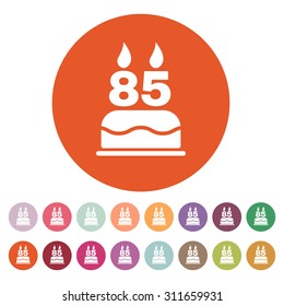 The birthday cake with candles in the form of number 85 icon. Birthday symbol. Flat Vector illustration. Button Set
