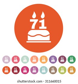 The birthday cake with candles in the form of number 71 icon. Birthday symbol. Flat Vector illustration. Button Set