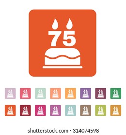 The birthday cake with candles in the form of number 75 icon. Birthday symbol. Flat Vector illustration. Button Set
