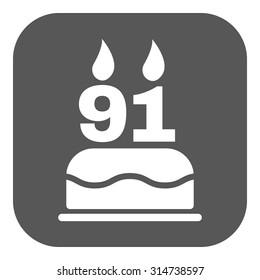 The birthday cake with candles in the form of number 91 icon. Birthday symbol. Flat Vector illustration. Button