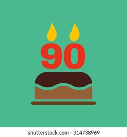 The birthday cake with candles in the form of number 90 icon. Birthday symbol. Flat Vector illustration