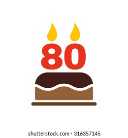 The birthday cake with candles in the form of number 80 icon. Birthday symbol. Flat Vector illustration