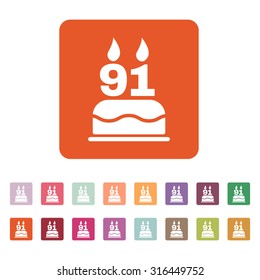 The birthday cake with candles in the form of number 91 icon. Birthday symbol. Flat Vector illustration. Button Set