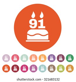 The birthday cake with candles in the form of number 91 icon. Birthday symbol. Flat Vector illustration. Button Set