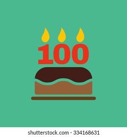 The birthday cake with candles in the form of number 100 icon. Birthday symbol. Flat Vector illustration