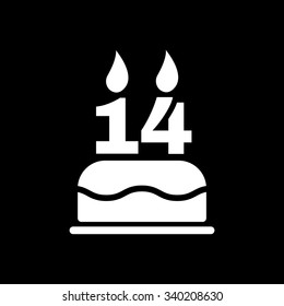 The birthday cake with candles in the form of number 14 icon. Birthday symbol. Flat Vector illustration