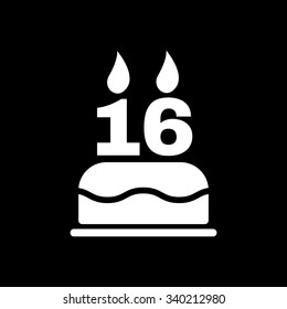 The birthday cake with candles in the form of number 16 icon. Birthday symbol. Flat Vector illustration