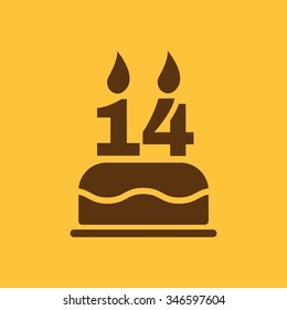 The birthday cake with candles in the form of number 14 icon. Birthday symbol. Flat Vector illustration