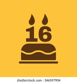 The birthday cake with candles in the form of number 16 icon. Birthday symbol. Flat Vector illustration