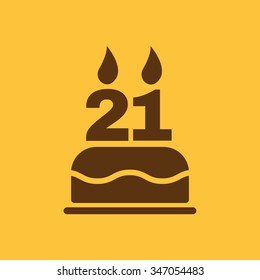 The birthday cake with candles in the form of number 21 icon. Birthday symbol. Flat Vector illustration