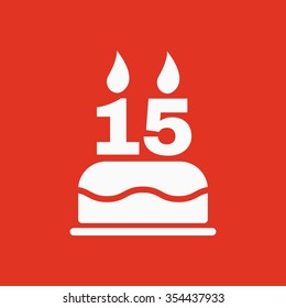 The birthday cake with candles in the form of number 15 icon. Birthday symbol. Flat Vector illustration