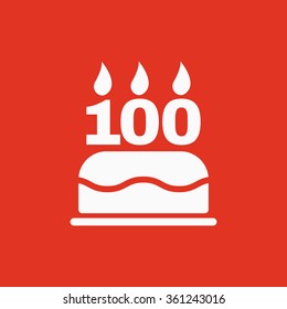 The birthday cake with candles in the form of number 100 icon. Birthday symbol. Flat Vector illustration