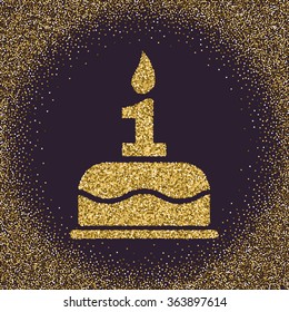 The birthday cake with candles in the form of number 1. Birthday symbol. Gold sparkles and glitter Vector illustration