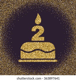 The birthday cake with candles in the form of number 2. Birthday symbol. Gold sparkles and glitter Vector illustration