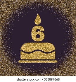The birthday cake with candles in the form of number 6. Birthday symbol. Gold sparkles and glitter Vector illustration