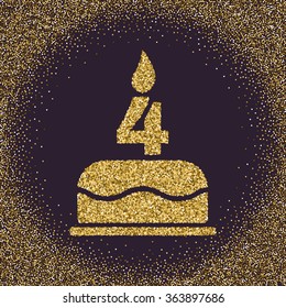 The birthday cake with candles in the form of number 4. Birthday symbol. Gold sparkles and glitter Vector illustration