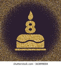 The birthday cake with candles in the form of number 8. Birthday symbol. Gold sparkles and glitter Vector illustration