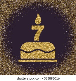 The birthday cake with candles in the form of number 7. Birthday symbol. Gold sparkles and glitter Vector illustration