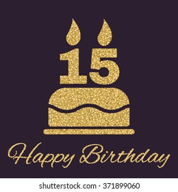 The birthday cake with candles in the form of number 15 icon. Birthday symbol. Gold sparkles and glitter Vector illustration