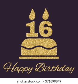 The birthday cake with candles in the form of number 16 icon. Birthday symbol. Gold sparkles and glitter Vector illustration