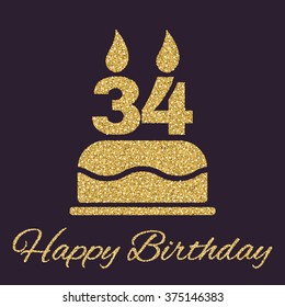 The birthday cake with candles in the form of number 34 icon. Birthday symbol. Gold sparkles and glitter Vector illustration