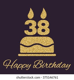 The birthday cake with candles in the form of number 38 icon. Birthday symbol. Gold sparkles and glitter Vector illustration