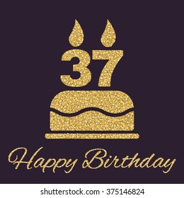 The birthday cake with candles in the form of number 37 icon. Birthday symbol. Gold sparkles and glitter Vector illustration. Button Set