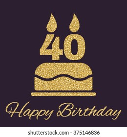 The birthday cake with candles in the form of number 40 icon. Birthday symbol. Gold sparkles and glitter Vector illustration
