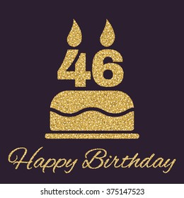 The birthday cake with candles in the form of number 46 icon. Birthday symbol. Gold sparkles and glitter Vector illustration