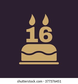 The birthday cake with candles in the form of number 16 icon. Birthday symbol. Flat Vector illustration