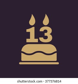 The birthday cake with candles in the form of number 13 icon. Birthday symbol. Flat Vector illustration