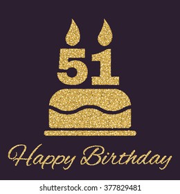 The birthday cake with candles in the form of number 51 icon. Birthday symbol. Gold sparkles and glitter Vector illustration