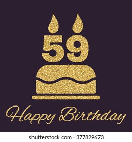 The birthday cake with candles in the form of number 59 icon. Birthday symbol. Gold sparkles and glitter Vector illustration