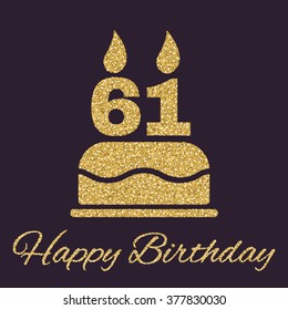 The birthday cake with candles in the form of number 61 icon. Birthday symbol. Gold sparkles and glitter Vector illustration