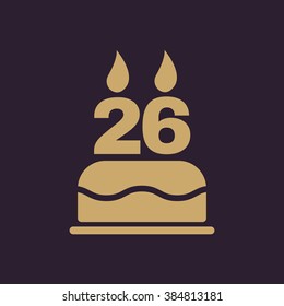 The birthday cake with candles in the form of number 26 icon. Birthday symbol. Flat Vector illustration