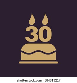 The birthday cake with candles in the form of number 30 icon. Birthday symbol. Flat Vector illustration