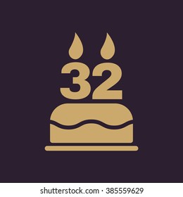 The birthday cake with candles in the form of number 32 icon. Birthday symbol. Flat Vector illustration