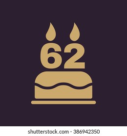 The birthday cake with candles in the form of number 62 icon. Birthday symbol. Flat Vector illustration