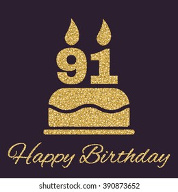 The birthday cake with candles in the form of number 91 icon. Birthday symbol. Gold sparkles and glitter Vector illustration