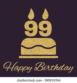 The birthday cake with candles in the form of number 99 icon. Birthday symbol. Gold sparkles and glitter Vector illustration