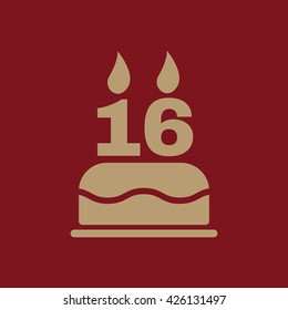 The birthday cake with candles in the form of number 16 icon. Birthday symbol. Flat Vector illustration
