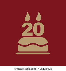 The birthday cake with candles in the form of number 20 icon. Birthday symbol. Flat Vector illustration
