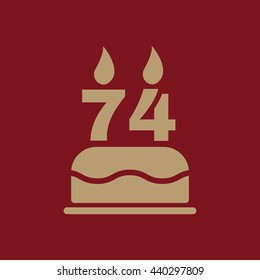 The birthday cake with candles in the form of number 74 icon. Birthday symbol. Flat Vector illustration