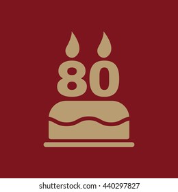 The birthday cake with candles in the form of number 80 icon. Birthday symbol. Flat Vector illustration