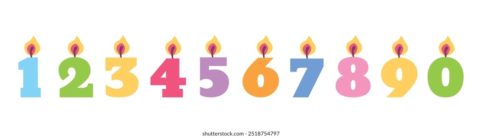 Velas de pastel de cumpleaños en forma de números, decoraciones de fiesta para niños. Ilustración vectorial en estilo simple plano sobre fondo blanco. Velas de cumpleaños coloridas con llamas ardientes