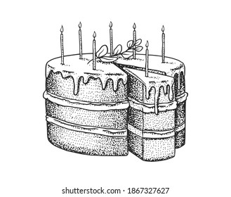 Birthday cake with candles. Fruit dessert or tart. Hand drawn bakery product. Celebratory Sweet Food. Vintage engraved sketch. Vector illustration for a banner or menu of a cafe and restaurant.