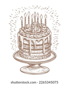 Birthday cake with candles. Fun holiday or solemn event. Vintage sketch vector illustration