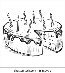Birthday cake with candles. Hand drawing cartoon sketch 