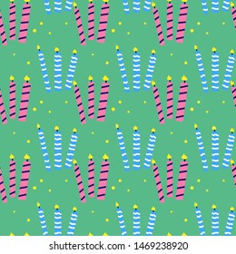 
Birthday cake candles hand drawn seamless pattern. Presents and gifts festive wrapping paper. Multicolor burning candles with lines and dots ornament