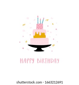 Birthday cake with candles hand drawn kids illustration. Festive dessert isolated clipart for greeting card. Vector Illustration for birthday children postcard or poster.